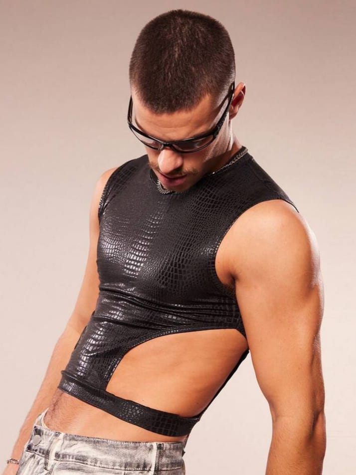 Men's Crew Neck Crocodile Embossed Cut=Out Tank Top